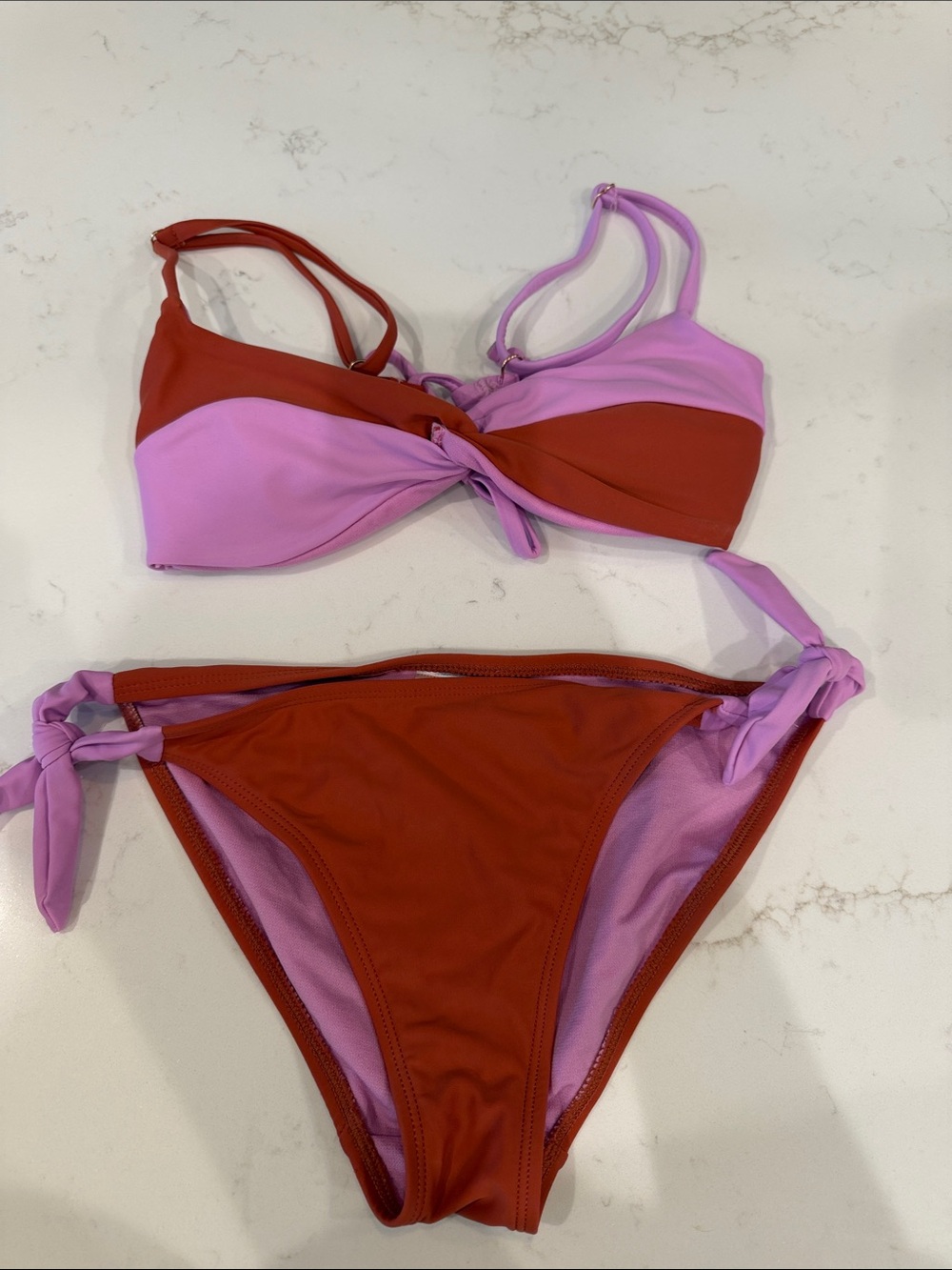 No Boundaries Two-Tone Red & Lavender Tie Bikini